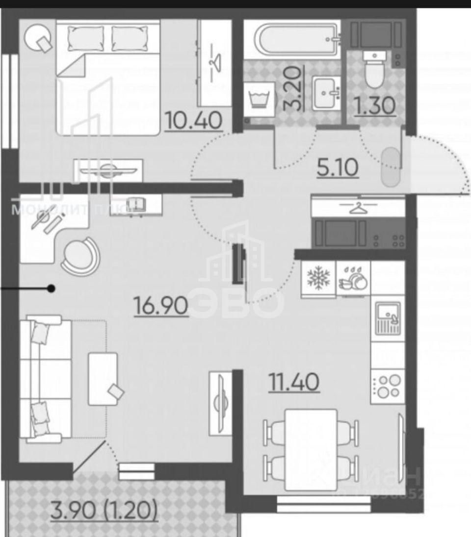двухкомнатная квартира в Санкт-Петербурге по адресу: Реки Каменки наб., 21, к 1