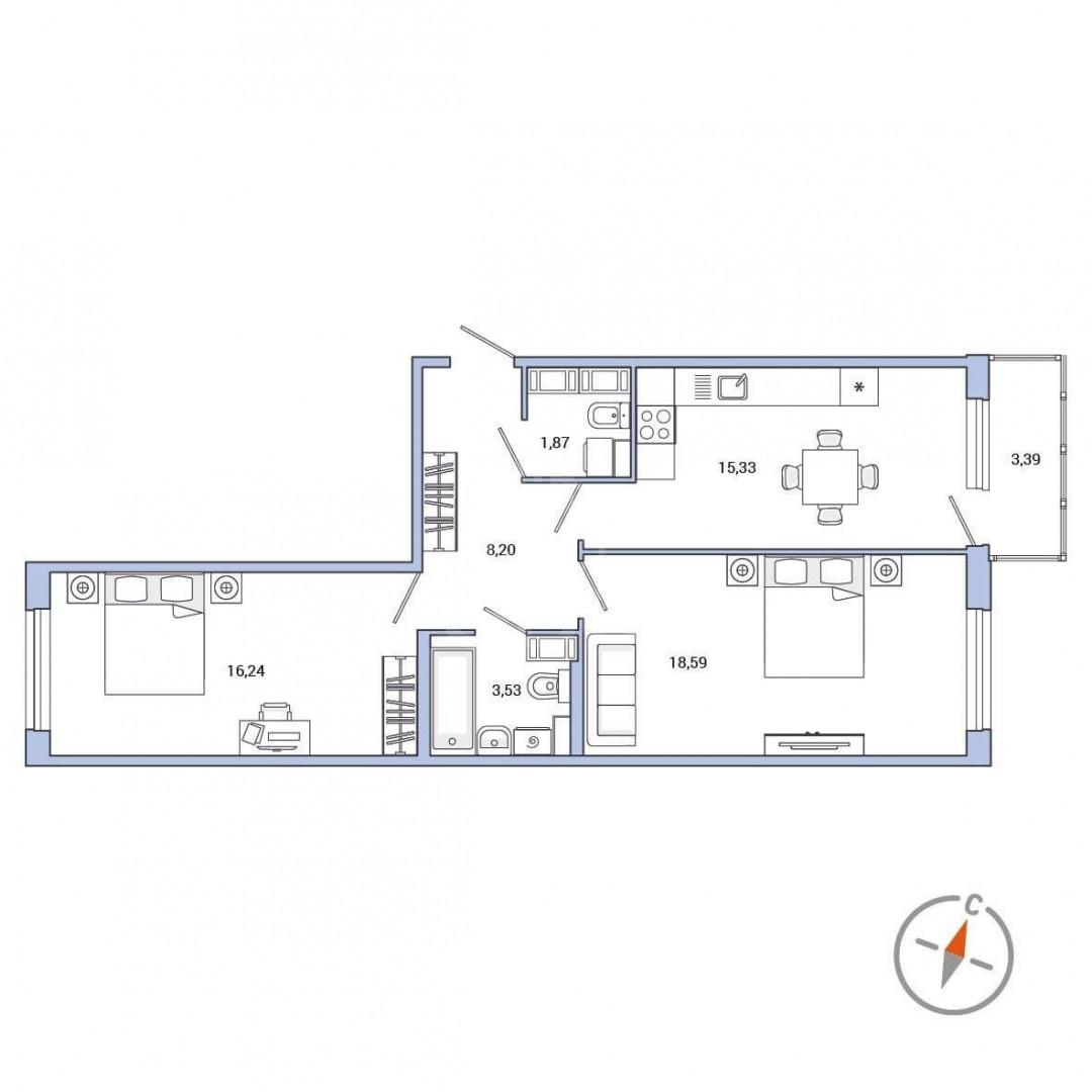 двухкомнатная квартира в Санкт-Петербурге по адресу: Реки Каменки наб., 3, к 3