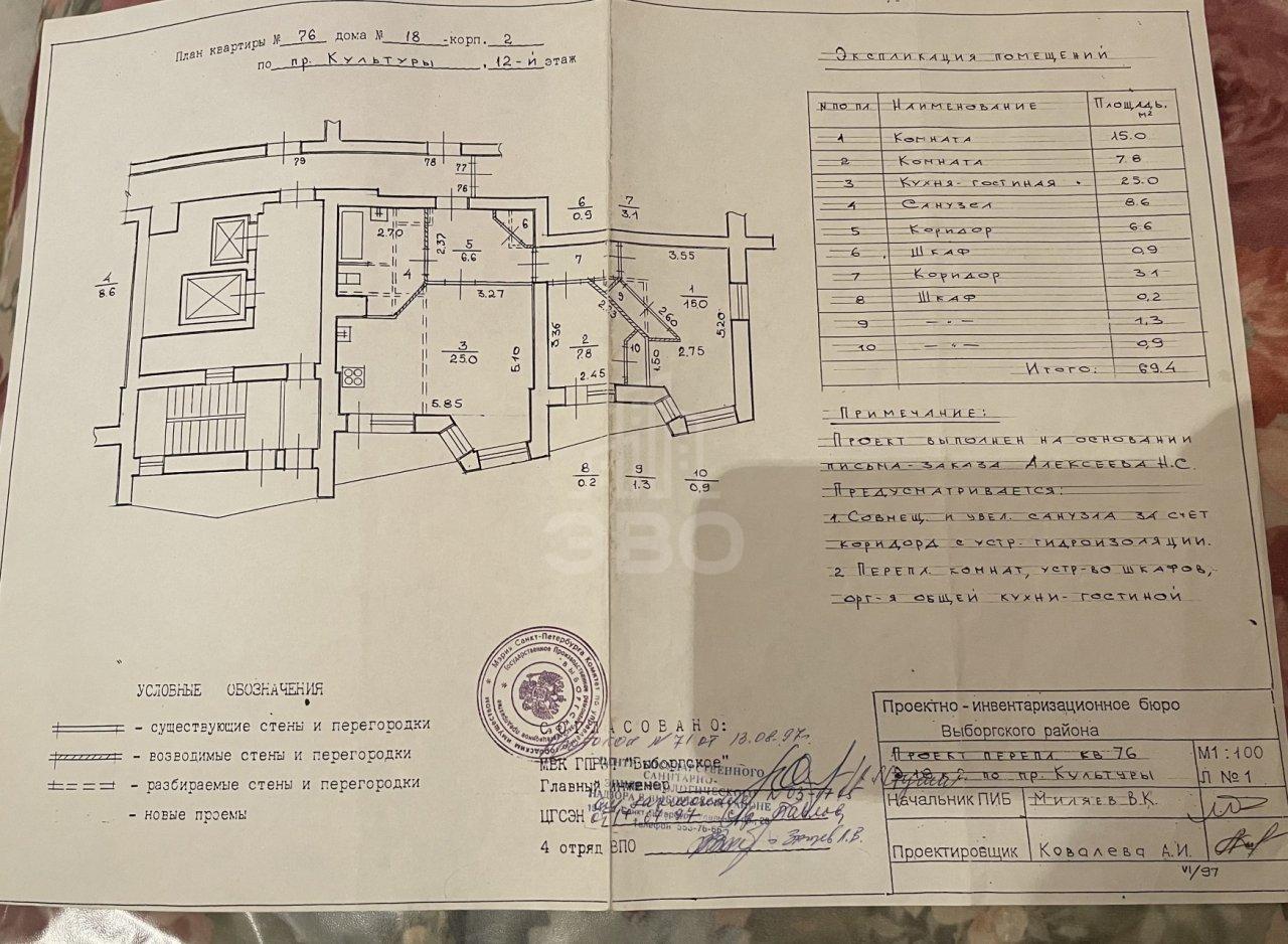 двухкомнатная квартира в Санкт-Петербурге по адресу: Культуры проспект, 18, к 2