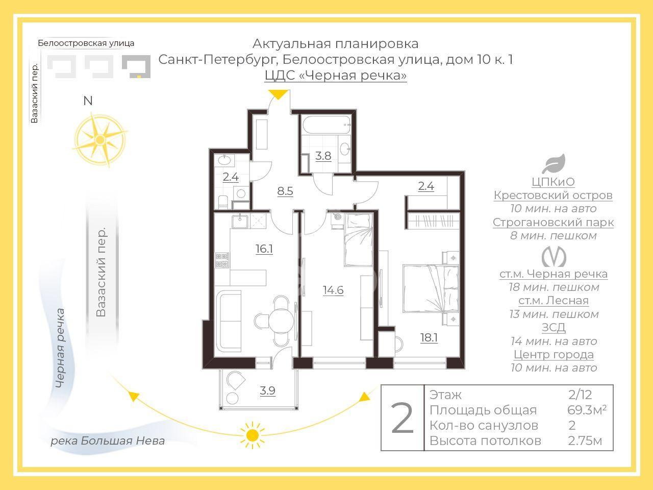 двухкомнатная квартира в Санкт-Петербурге по адресу: Белоостровская ул., 10, к 1