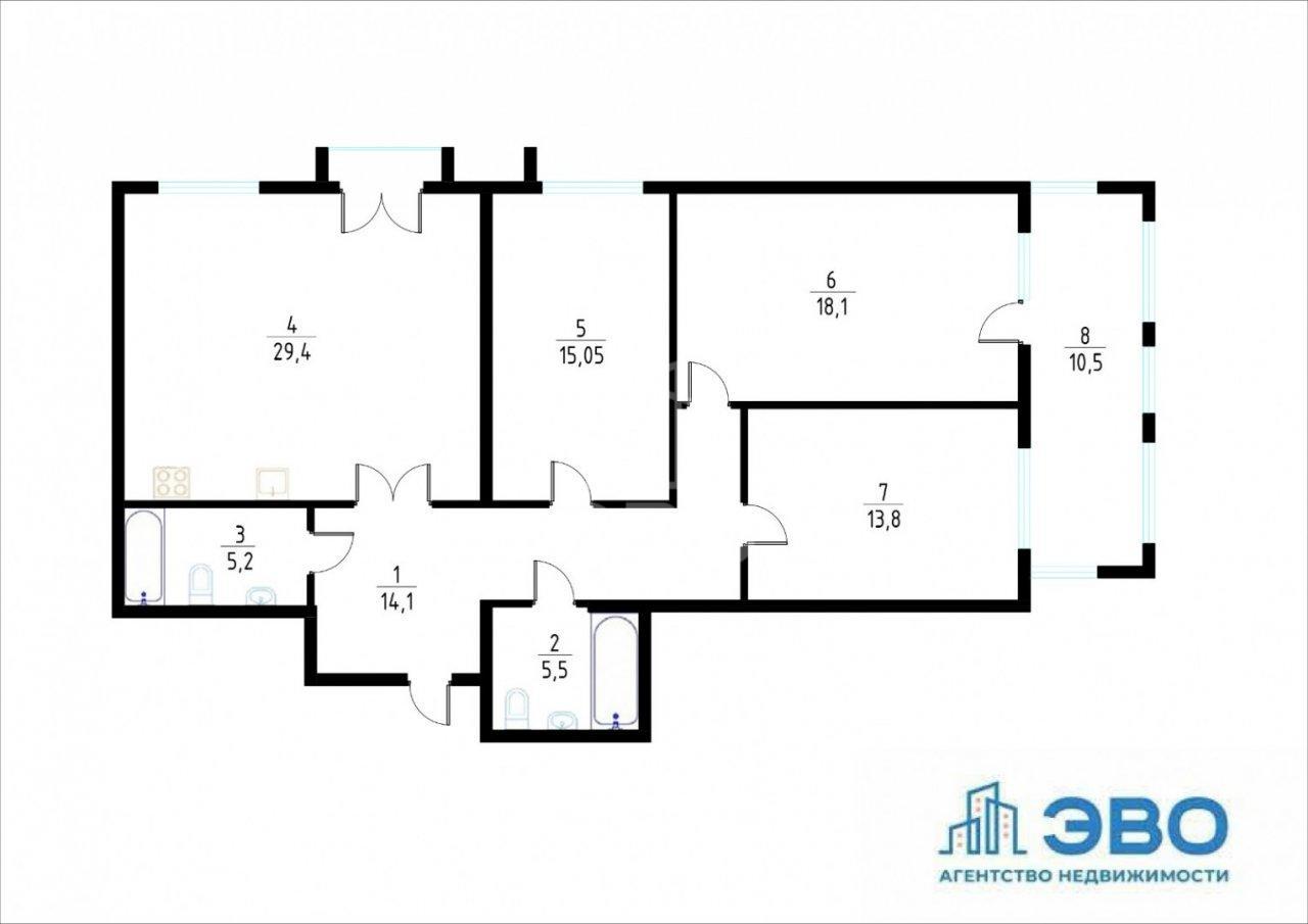 трехкомнатная квартира в Санкт-Петербурге по адресу: Лиственная ул., 20, к 2, строение 1