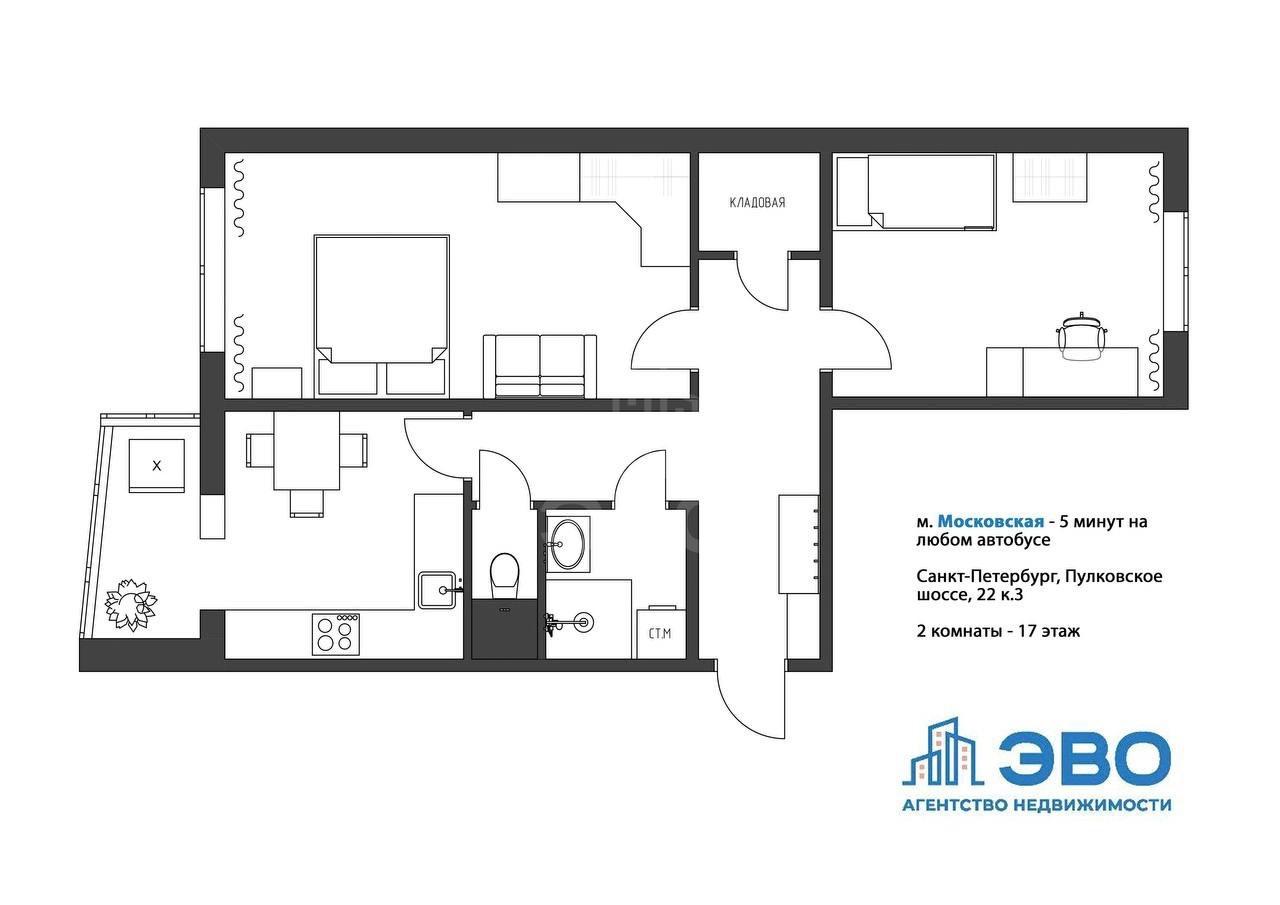двухкомнатная квартира в Санкт-Петербурге по адресу: Пулковское ш., 22, к 3