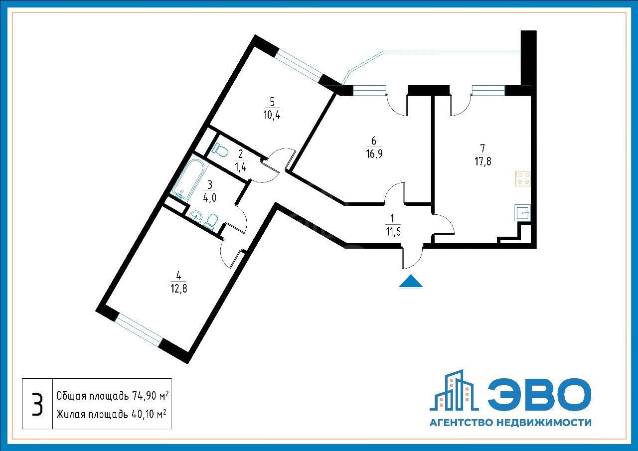 трехкомнатная квартира в Санкт-Петербурге по адресу: Фёдора Абрамова ул., 21, к 3, строение 1