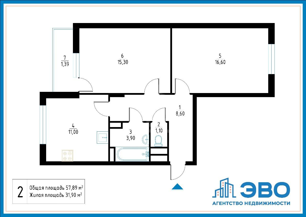 двухкомнатная квартира в Санкт-Петербурге по адресу: Фёдора Абрамова ул., 21, к 3, строение 1