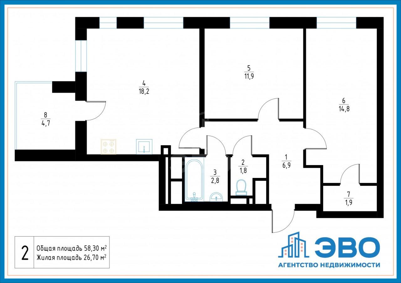 трехкомнатная квартира в Санкт-Петербурге по адресу: Миклухо Маклая наб., 3, к 1
